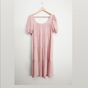 Happy Tiers Blush Striped Puff Sleeves Midi Dress